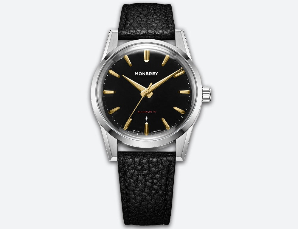 MB1 L11 enamel Black dial gold details two tone black leather strap front