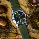 MB1 L07 Olive Green watch green strap with autumn background