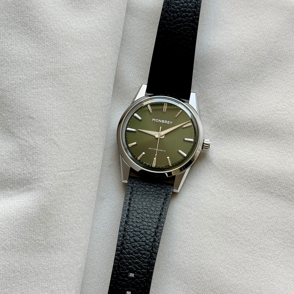 Monbrey MB1 L07 Olive Green watch black leather strap