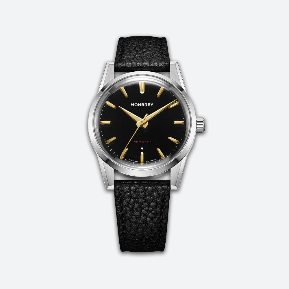 MB1 L11 enamel Black dial gold details two tone black leather strap front