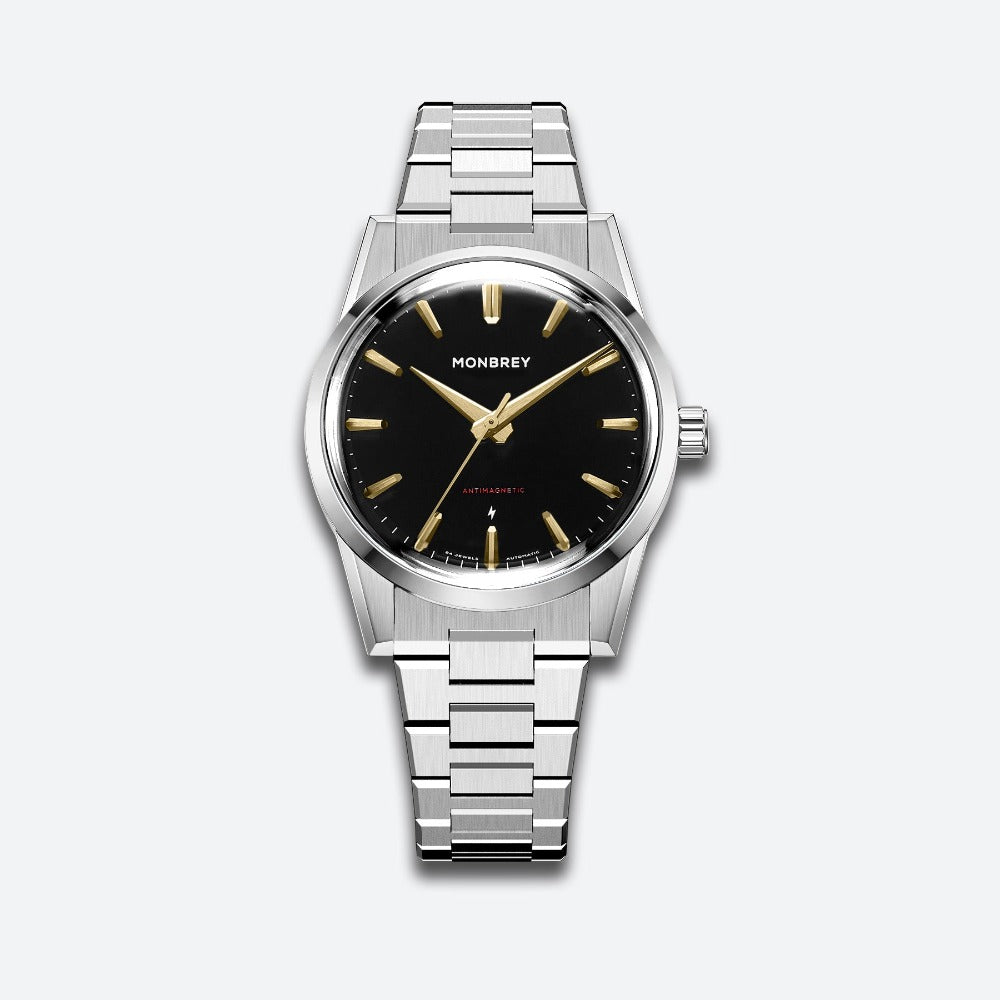 MB1 L11 enamel Black dial gold details two tone bracelet front